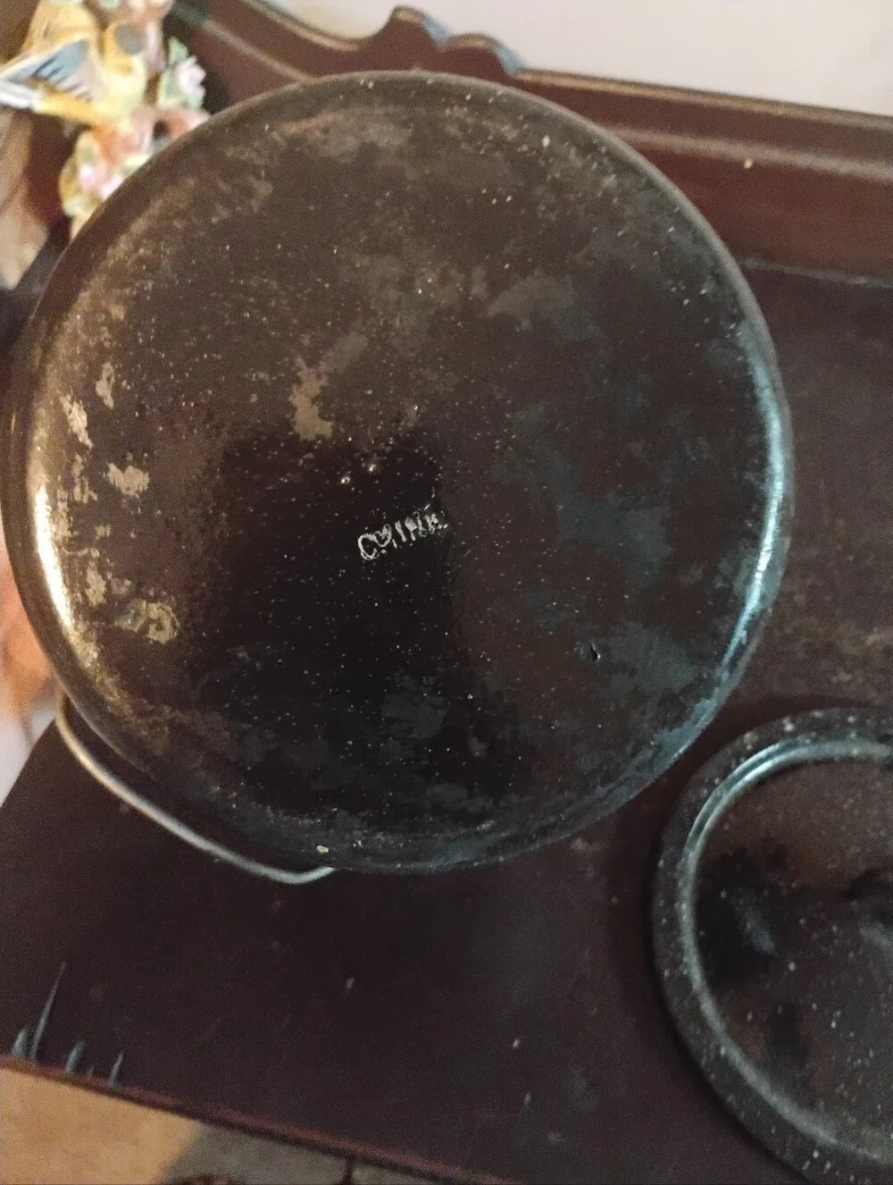 Vintage Black Speckled Enamelware Pot with Lid and Bail Handle